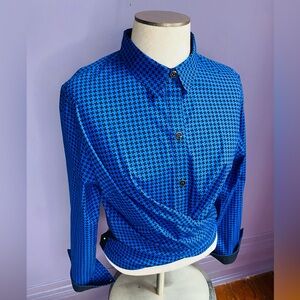 Jones New York Royal Blue and Black Houndstooth Button Up Shirt Women Petite L